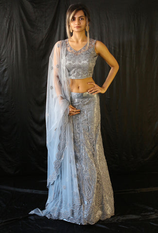 Elephant Grey Growing Flowers Lehenga