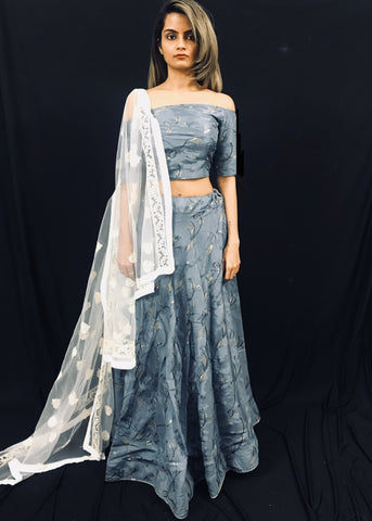 Grey Floral Lehenga and Lucknowi Dupatta