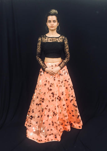 Black & Peach Organza Lehenga