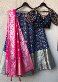 Royal Blue Floral Lehenga with Fuschia Dupatta